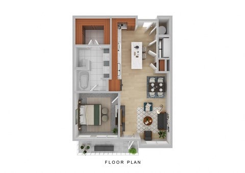 a stylized floor plan of a studio apartment